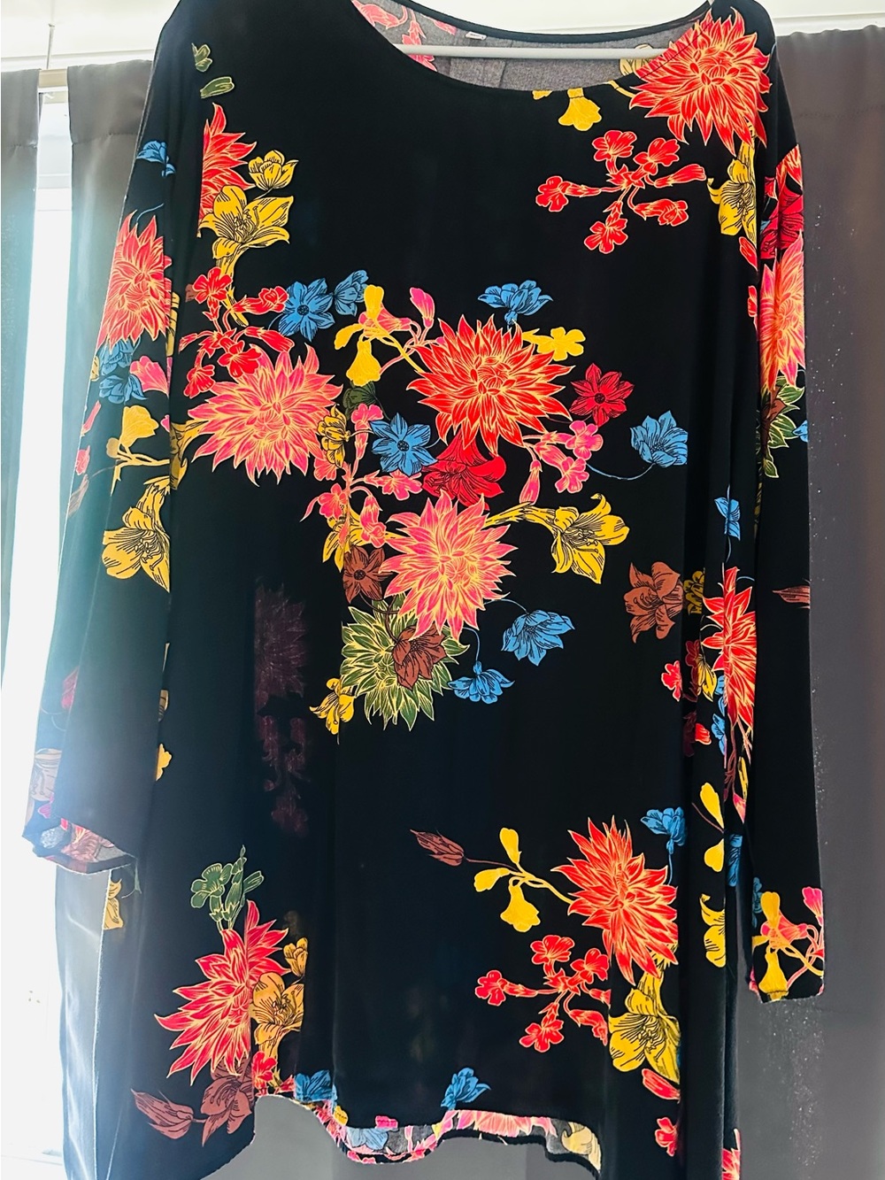 Black Floral Long-Sleeve Tunic Top - Bright Multicolor Blooms